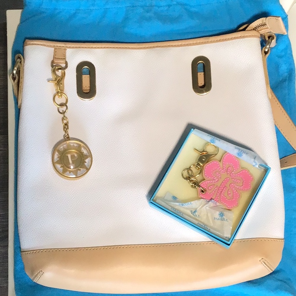 Parazul tan and white leather crossbody